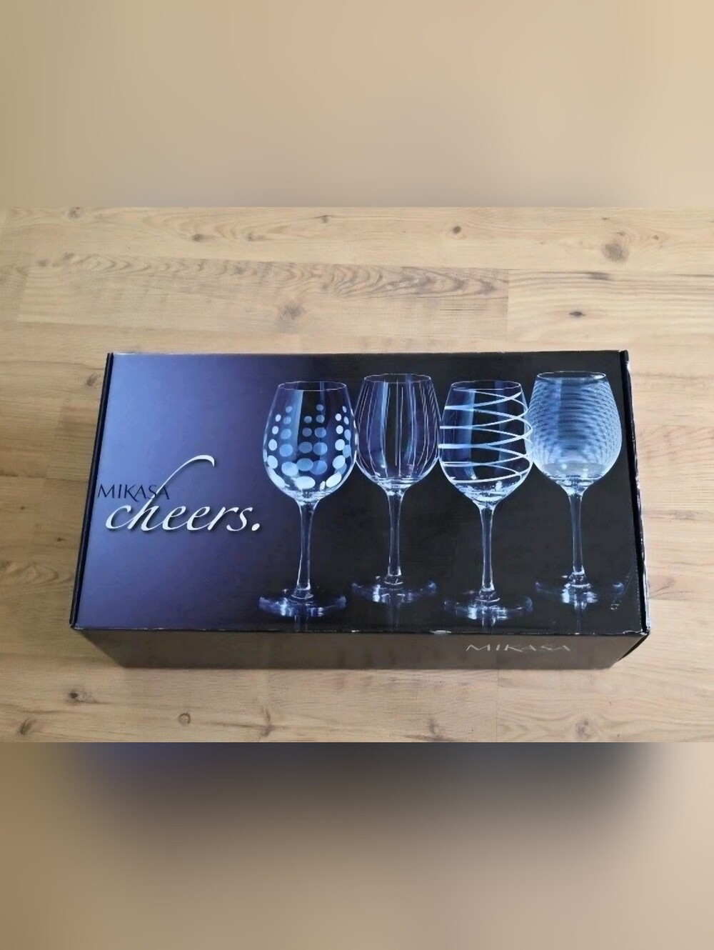 Mikasa Cheers Set of 4 Assorted Wine Glasses Etched Stemware Gift Box NIB